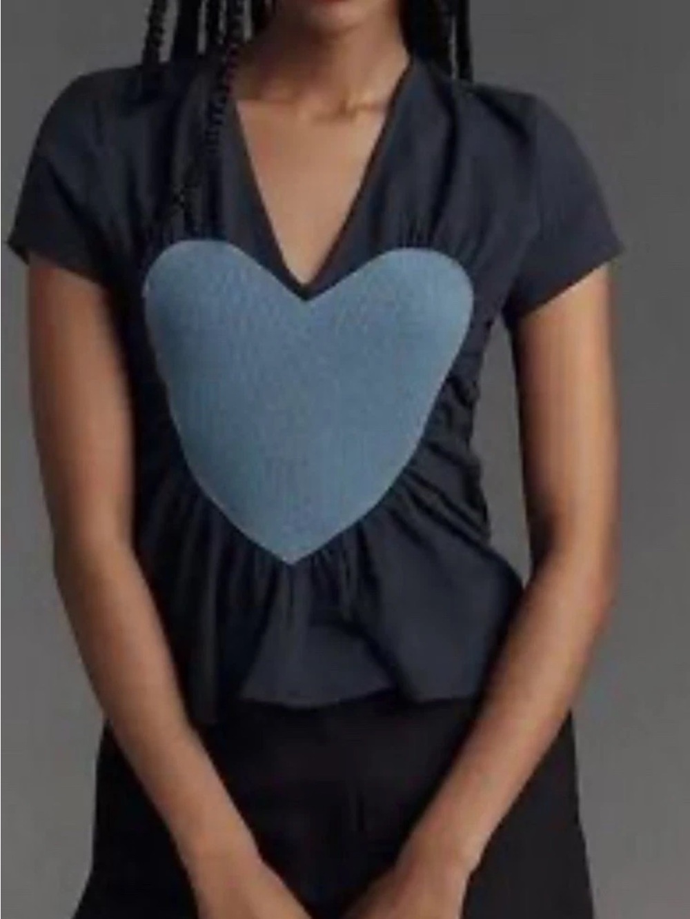 Anthropologie Maeve Navy Short Sleeve V-Neck Top with Blue Heart Applique Ruched